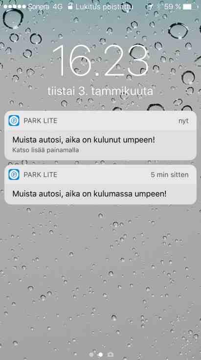 Pysäköintiajan loppuessa puhelin antaa PIIP-äänimerkin ja näyttää esimerkiksi 5 min aikaisemmin että nyt pysäköintiaika on