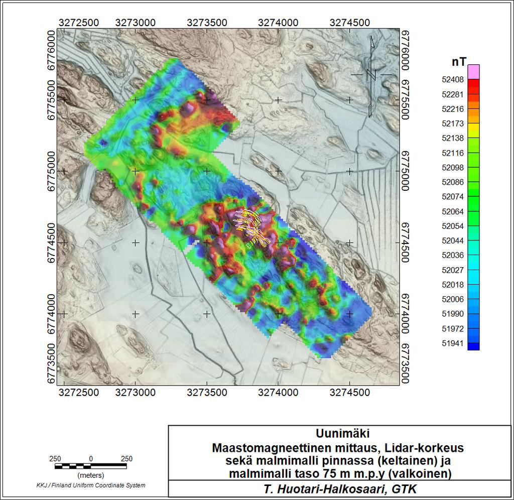 GEOLOGIAN TUTKIMUSKESKUS 15 28.1.216 Kuva 1.-1. Malmimallin tasot maanpinta ja75 m m.p.y sekä maastomagneettinen tulos ja Lidar-korkeus. Laserkeilausaineisto Maanmittauslaitos 216. 1..4 Reikämittaukset Uunimäen kohteella tehtiin reikämittauksia 12 reiässä.