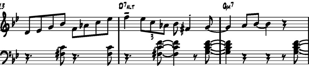 15 Tyner tuo alt-asteikon sävyä esiin useasti soittamalla asteikon #9-säveleltä alkavaa mollipentatonista asteikkoa (esim.