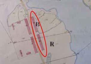 Isojakokartta vuodelta 1835, jäljellä olevien kasarmirakennusten rauniot on merkitty punaisella soikiolla (Lähde: Vuoksen ranta-alueiden historiallisen ajan muinaisjäännösinventointi, U.
