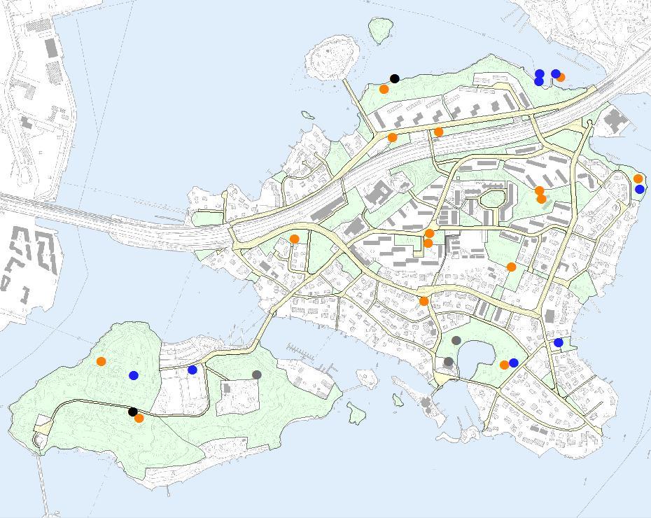 4/9 Kartta paikoista, jotka vastaajien mielestä eniten hoidon tarpeessa Metsä, jossa ei saa tehdä hoitotoimenpiteitä Kulosaaren rantapuisto Kirkkopuisto Mustikkamaan länsipuoli Rakennusvirasto PL