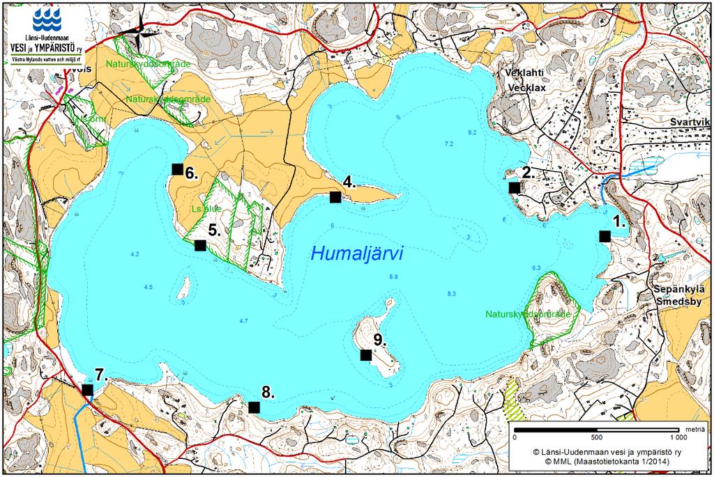 Kuva 2. Humaljärven vesikasvillisuustutkimuslinjojen sijainti. Kuva 21. Humaljärvi oli tyyni aamulla 18.7.