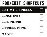 5 Pikavalinnat Shortcuts (Pikavalinnat) -sivulle pääsee painamalla VOL/SQL-nuppia pitkään.