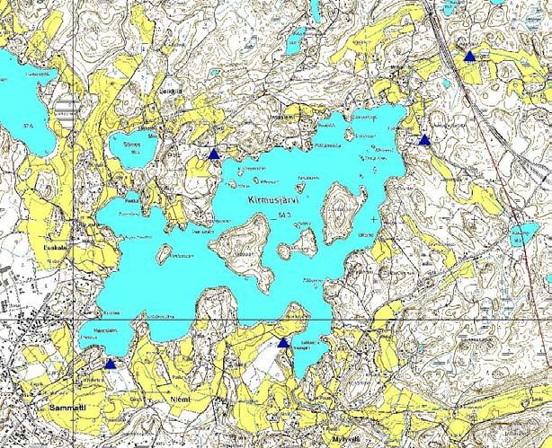 Kuva 19. SYKE:n vesistömallin kirmusjärven valuma-alueelle ehdottamat kosteikkopaikat. Mittakaava 1 : 20 000. Luvat: Maanmittauslaitos lupanro 7/MML/10.