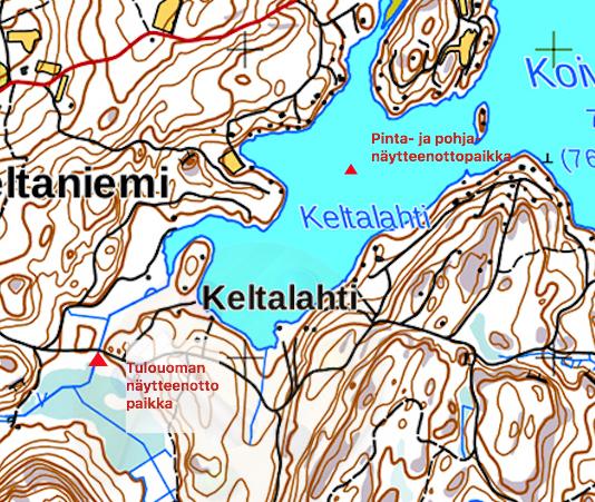 49 TAULUKKO 9. Keltalahden talvinäytteiden tuloksia 4.4.17 Kokonaistyppi Kokonaisfosfori Liuennut tot N µg/l tot P µg/l Happi mg/l Pinta 553 11 10,3 Pohja 620 14 5,0 Tulouoma 815 15 - KUVA 14.