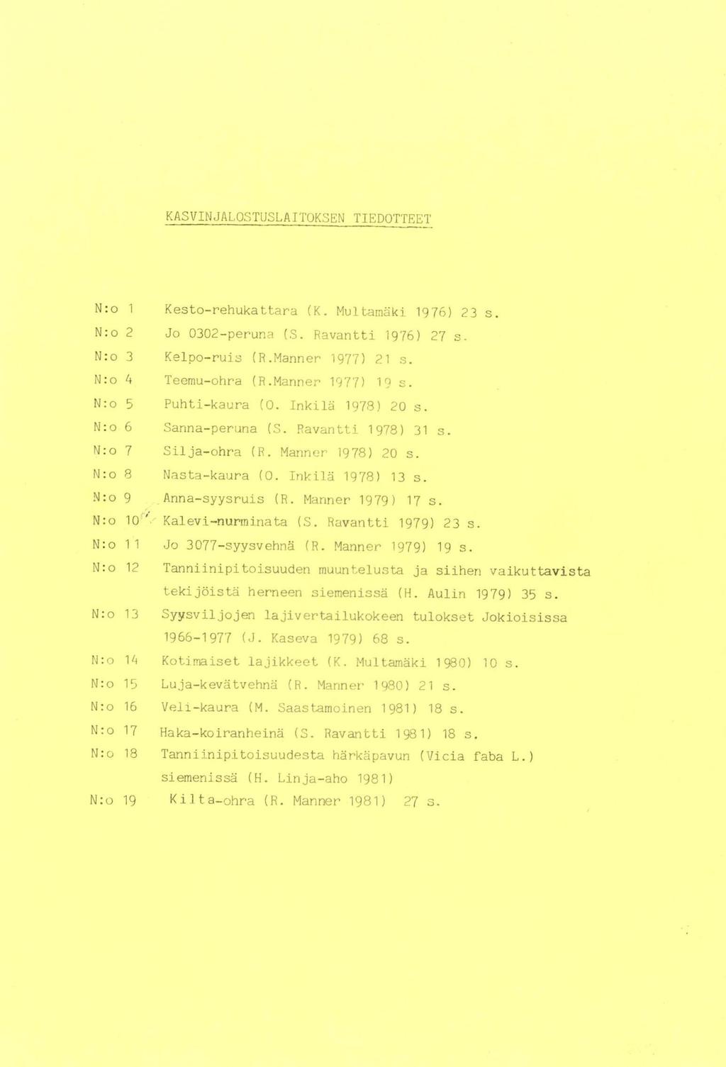 KASVINJALOSTUSLAITOKSEN TIEDOTTEET N:o 1 Kesto-rehukattara (K. Multamäki 1976) 23 s. N:o 2 Jo 0302-peruna (S. Ravantti 1976) 27 s. N:o 3 Kelpo-ruis (R.Manner 1977) 21 s. N:o 4 Teemu-ohra (R.