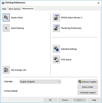 Verkkopalvelu- ja ohjelmistotiedot Huolto-välilehti Voit suorittaa ylläpitotehtäviä, kuten suutintestin ja tulostuspään puhdistuksen, ja voit tarkistaa tulostimen tilan ja vikatiedot käynnistämällä