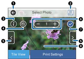 Tulostaminen Valokuvien valintanäytön opas (Yksittäinen näkymä) Näytä tämä näyttö napauttamalla Yksittäinen näkymä valitusta valokuvanäytöstä.