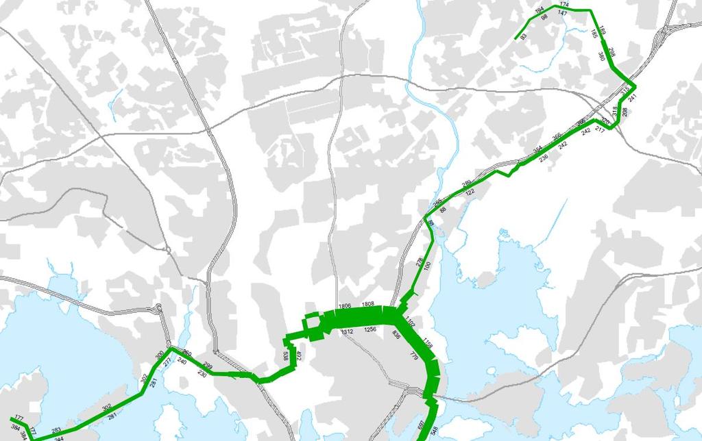 Vuoden 2030 maankäytöllä raitiovaunuyhteydellä Munkkiniemestä Kalasatamaan olisi aamuhuipputunnin aikana