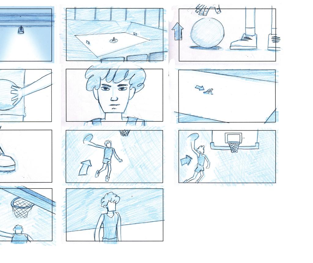 Animaationi storyboard. Seuraavalla aukeamalla on kuvia työpisteestäni Japanissa ja kuvia hahmon naamasta eri työvaiheissa. vakäsikirjoituksen, eli storyboardin muodossa.