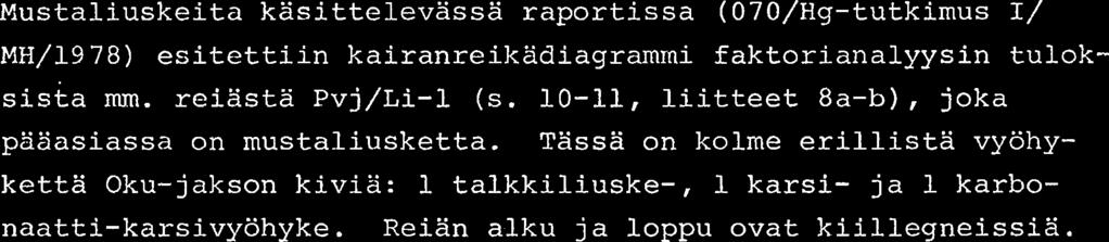 Tassa on kolme erillista vyohyketta Oku-jakson kiviii: 1 talkkiliuske-, 1 karsi- ja 1 karbonaatti-karsivyohyke. Reian alku ja loppu ovat kiillegneissia.