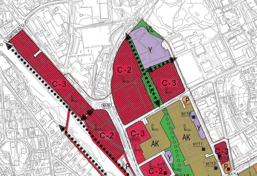 C-2: 0260002 Alueen pääkäyttötarkoitus on sekoittunut kaupan, asumisen, julkisten ja yksityisten palveluiden, hallinnon, koulutuksen, toimistojen sekä muiden keskustaan sopivien ympäristöhäiriöitä
