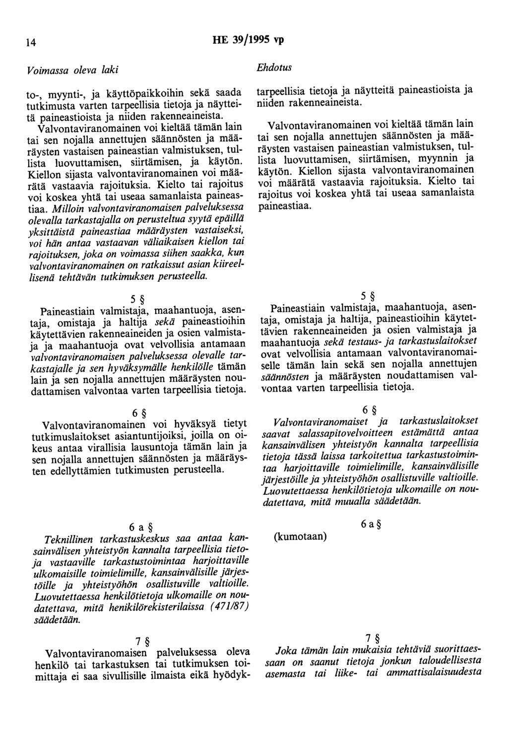 14 HE 39/1995 vp to-, myynti-, ja käyttöpaikkoihin sekä saada tutkimusta varten tarpeellisia tietoja ja näytteitä paineastioista ja niiden rakenneaineista.