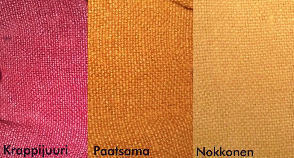 27 väriliemeen, jotta väri edes erottui kankaan ruskean pohjavärin yli. Kankaista tuli siis vihertäviä, mutta kokonaisuutena sävyeroa on vaikea huomata alkuperäisestä, luonnollisesta sävystä.