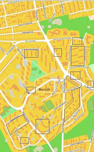 Kuvio 6. Suuntaa-antava kartta siitä, mihin taloihin kyselyt Maunulassa jaettiin. Haastattelut eri toimijoille olivat puolistrukturoituja teemahaastatteluja ja ne kestivät keskimäärin reilun tunnin.