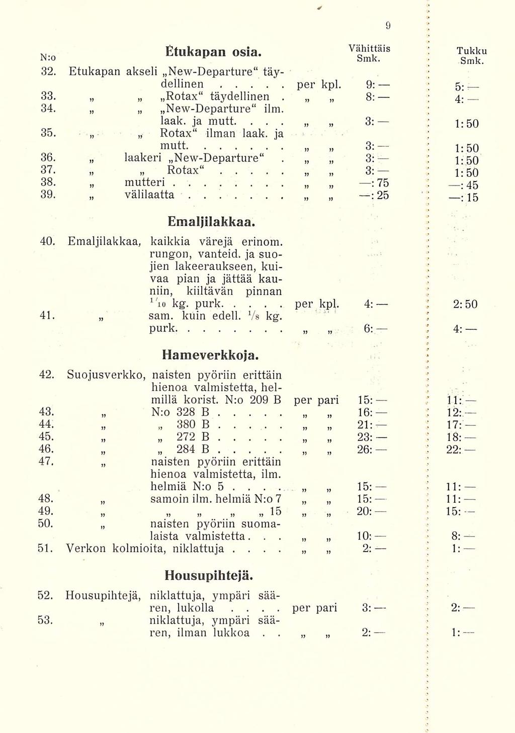 3: " : Smk, N n Etukapan osia Vähittäis H Tukku Smk No 32 Etukapan akseli NewDeparture täy dellinen per kpl 9: 5 33 : Rotax täydellinen 8: ; 4 34 NewDeparture ilm laak ja 1:50 35 Rotax mutt ilman