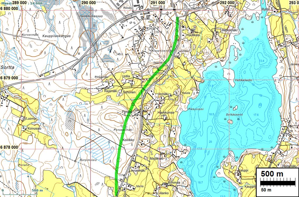 3 Yleiskartta Tutkittu alue vihreällä. Inventointi Vt. 3:n parannukseen liittyen tielinjaa siirretään enimmillään 200 m nykyisen länsipuolelle Alaskylän ja kt. 23 liittymän välillä.
