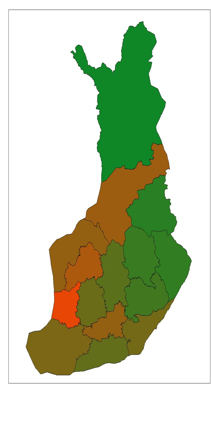 Pelkän viljanviljelyn osuus kevätvilja-alasta Vuodet 2007-2011 ELY-borders C National land survey Finland 2015 Yksipuolisen kevätviljaviljelyn yleisyys eri Ely-keskusten alueilla.