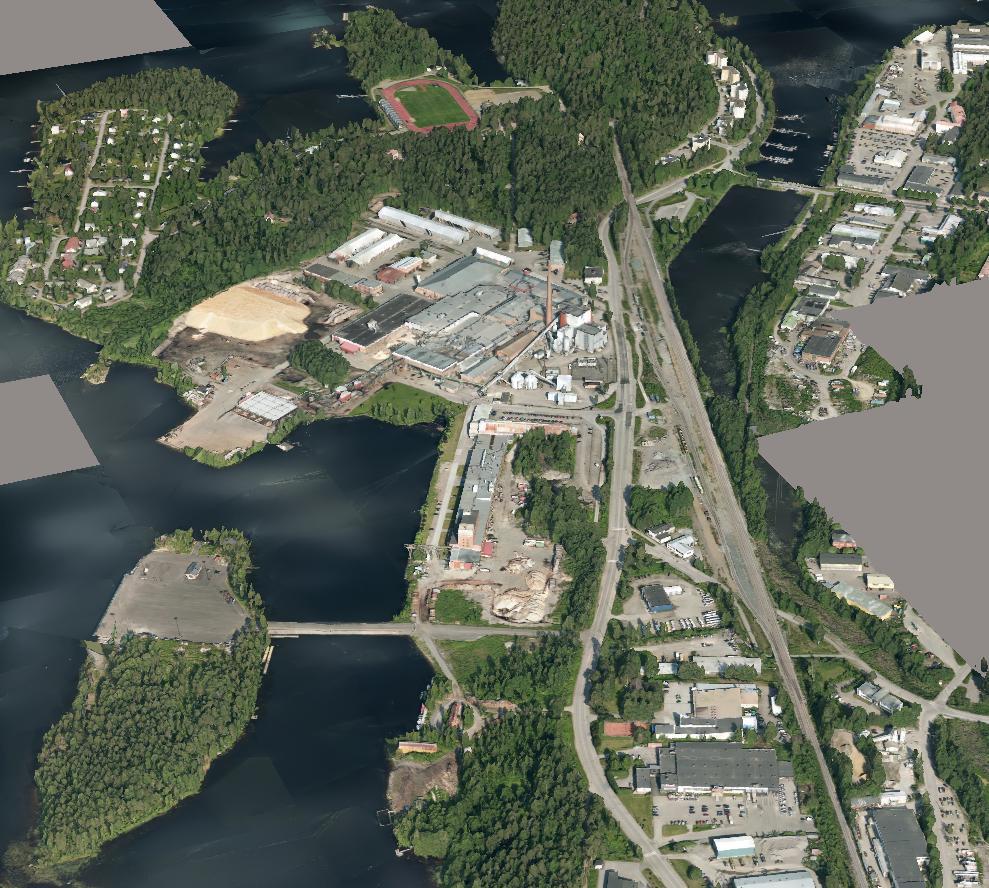 URHEILUKENTTÄ ANDRITZ KYRÖNNIEMI VANERITEHDAS PÄÄSKYLAHDEN ASEMA YRITYSTALO VOIMALAITOS SYVÄSATAMA GFN YVA KAAVAMUUTOSALUE YRITYKSIÄ AUTOKATSASTUS Yleiskuva alueen sijainnista, kaupungin 3D-malli