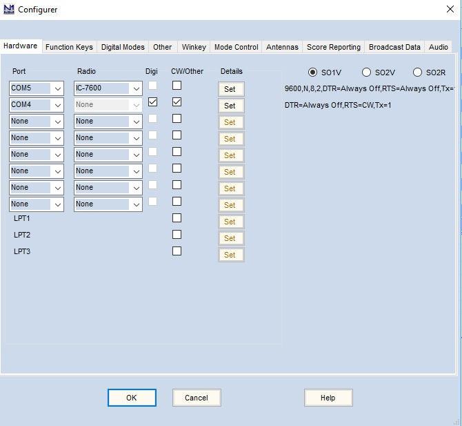 . Configure ports -kohdassa avautuu valikko Hardware. Valikkoon pitää tehdä muutokset rigiä, fsk:ta ja cw:tä varten.