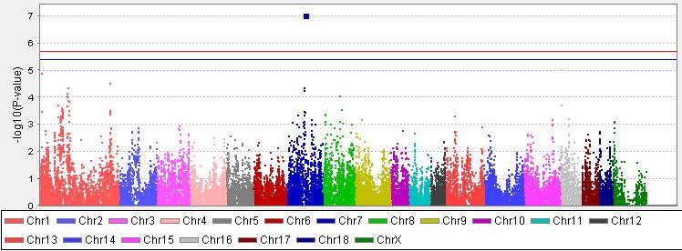 31 Kuva 1. P-arvojen (-log10) jakauma kromosomeittain ensimmäisessä pahnueessa syntyneiden porsaiden lukumäärän (TNB1) suhteen. 5.2.