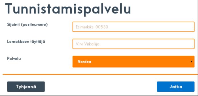 Täytä kirjautumissivulle omat tietosi Kirjaa palvelupisteen postinumero Tallenna oma nimesi (etu-sukunimi) Valitse asiakkaaksi Nordea Valitse Jatka-painike Tyhjennä-painike tyhjentää kaikki tiedot