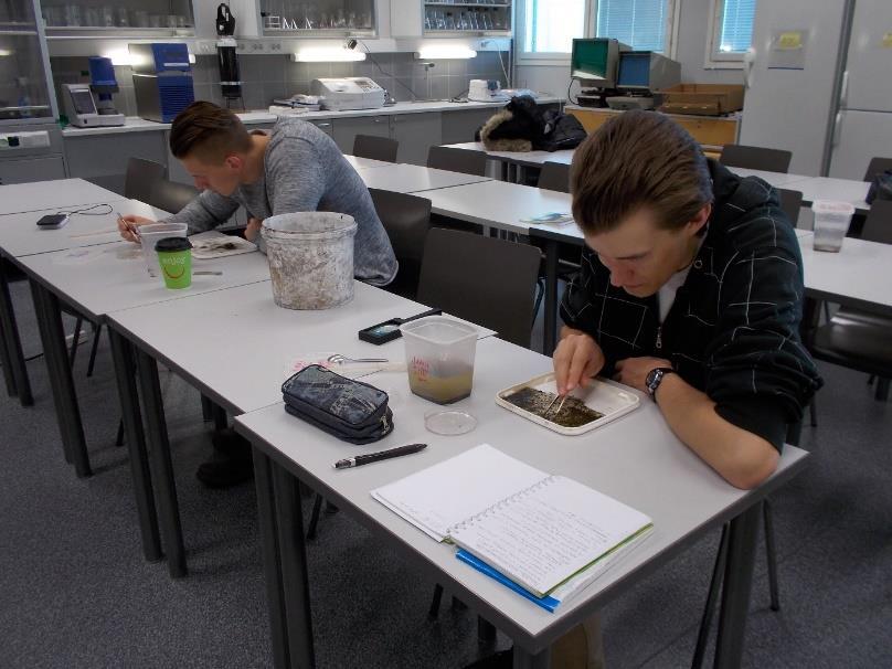 laboratorionäytteiden taltioinnin lomassa maaliskuun lopulla 2017 Karelia-ammattikorkeakoulun energia- ja ympäristötekniikan opiskelijoille. Kuva 18.