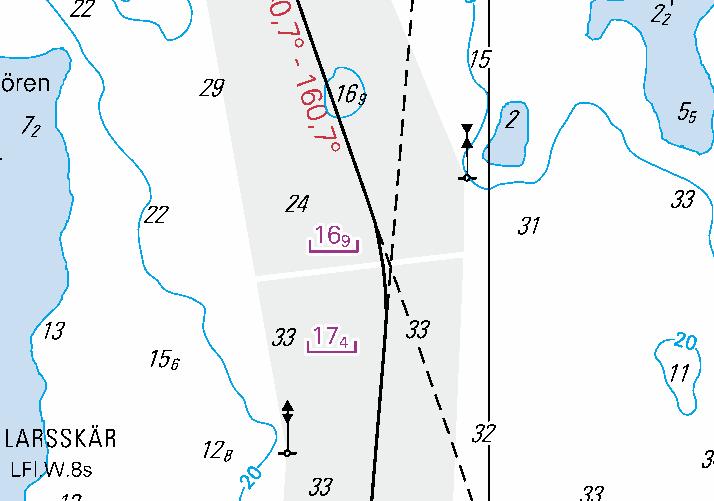 27 Kuva 4 Esimerkki väyläalueen haraussyvyyden kuvauksesta Kuvassa 4 on ote merikartasta 17, jossa näkyy osa Sköldvikiin johtavasta 13,5 metrin väylästä.