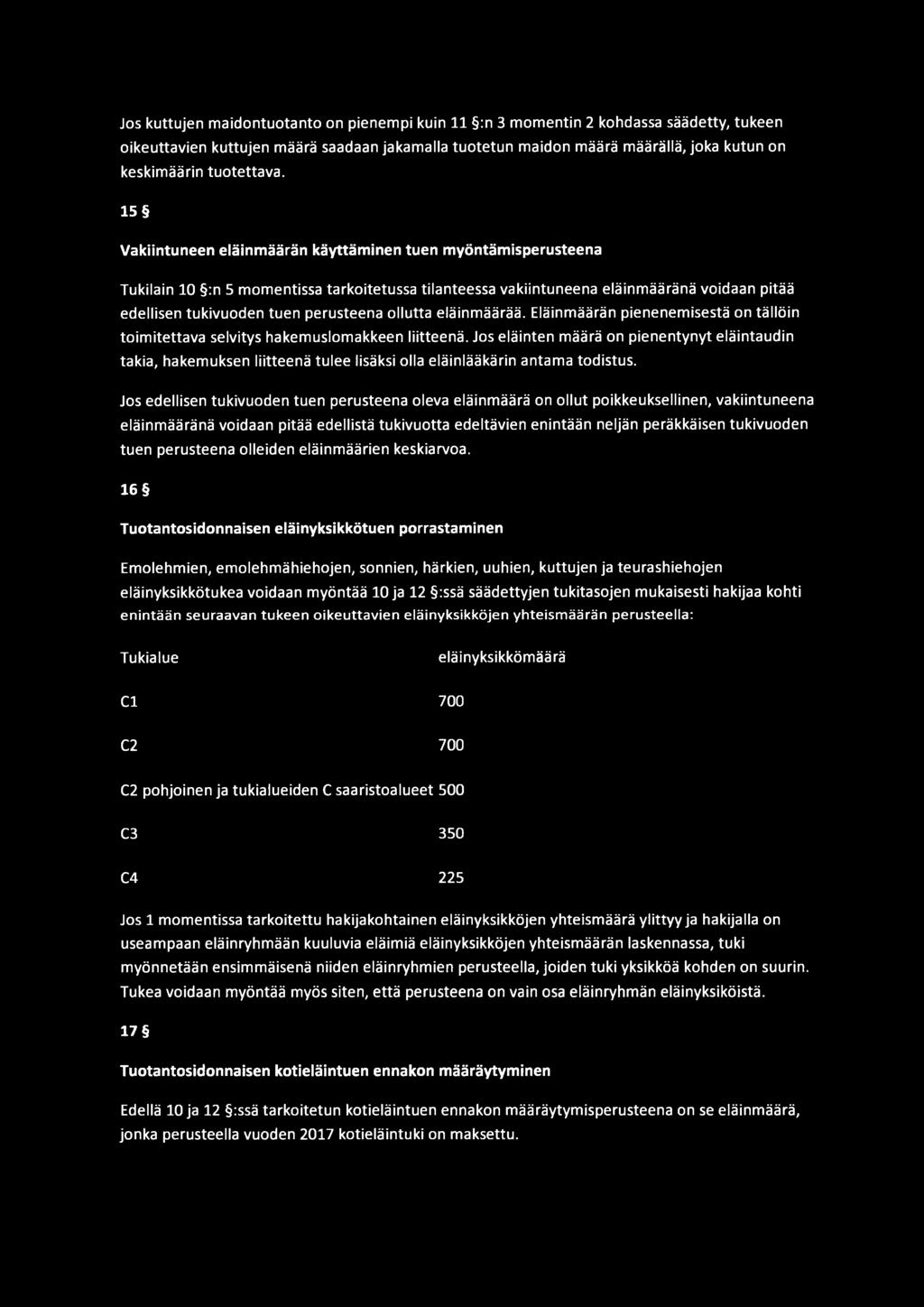 15 Vakiintuneen eläinmäärän käyttäminen tuen myöntämisperusteena Tukilain 10 :n 5 momentissa tarkoitetussa tilanteessa vakiintuneena eläinmääränä voidaan pitää edellisen tukivuoden tuen perusteena