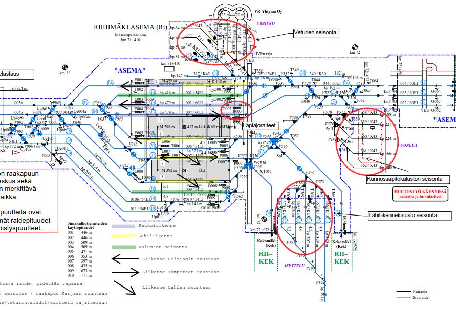21 Raiteita 002, 009 ja 011 käytetään lähiliikennekaluston ja veturien seisontaan. (VR Track 13) Kuvassa 16 on esitetty Riihimäki aseman toiminnallisuus ja raiteiden käyttö nykytilanteessa. Kuva 13.