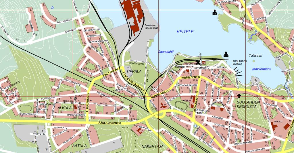 Kaupunginhallitus 8.5.0 liite nro (/) ÄÄNEKOSKEN KAUPUNKI KORTTEIDEN JA ASEMAKAAVAN MUUTOS, SUOLAHTI OSALLISTUMIS- JA ARVIOINTISUUNNITELMA (MRL ).5.00,..0. Suunnittelualue Suunnittelun kohteena on Suolahden taajamassa Vaneritehtaankadun varrella sijaitsevat teollisuustontit ja niihin rajautuva Saunalahdenpuisto.