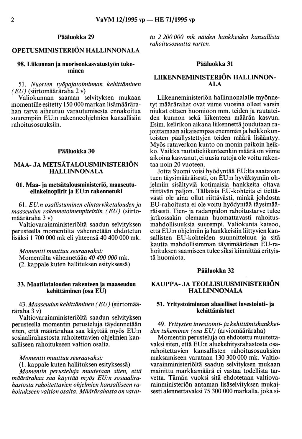 2 VaVM 12/1995 vp- HE 71/1995 vp Pääluokka 29 OPETUSMINISTERIÖN HALLINNONALA 98. Liikunnan ja nuorisonkasvatustyön tukeminen 51.