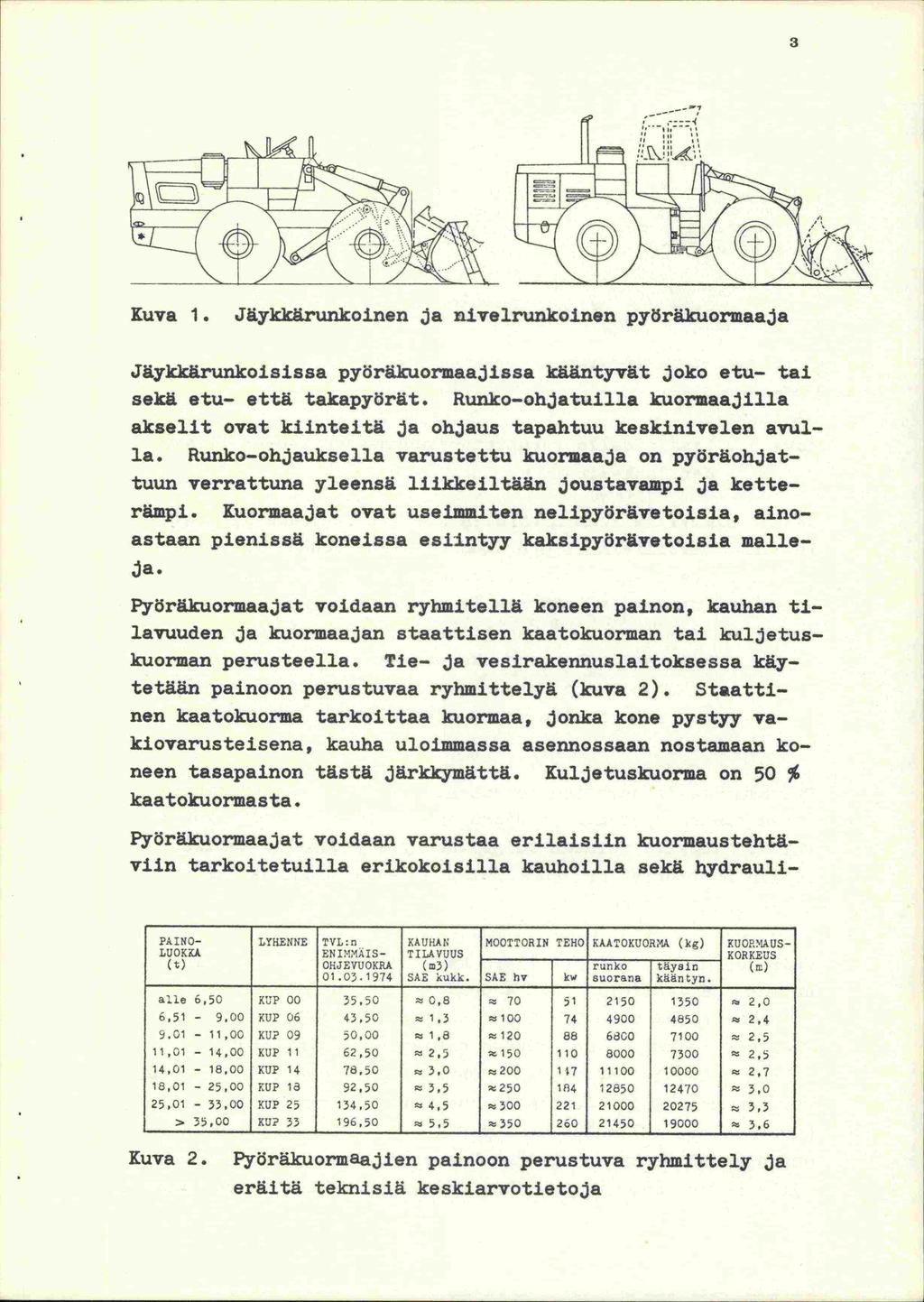 3 --- -- 7 Kuva 1. Jäykkärunkoinen ja nivelrwikoinen pydräkuormaaja Jäykkärunkoisissa pyöräkuormaajissa kääntyvät joko etu- tai sekä etu- että takapyörät.