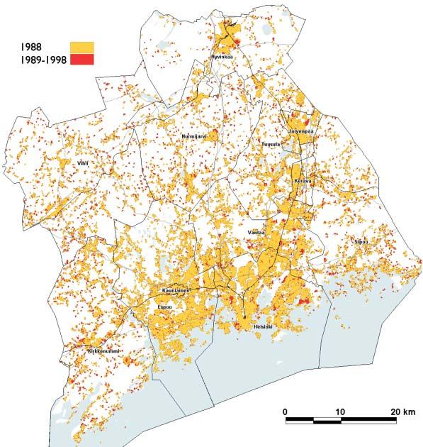Figure 3. Change in urban form in 1989-1998 in the Helsinki region, shown as built-up areas defined by GIS methods developed by VTT.