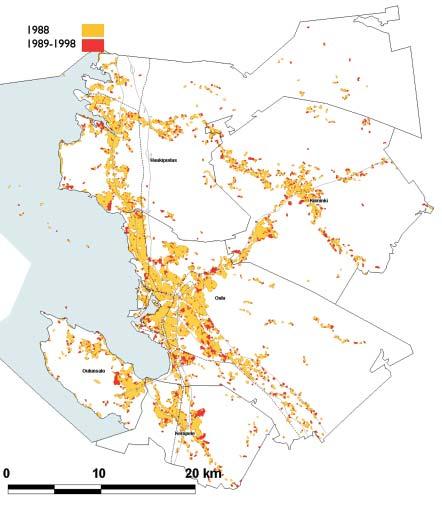 Figure 4. Change in urban form in 1989-1998 in the Oulu region, shown as built-up areas defined by GIS methods developed by VTT.
