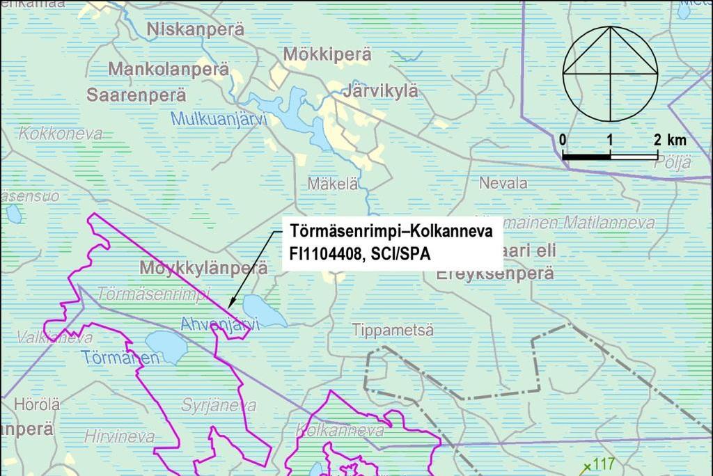 2 Kuva 2. Törmäsenrimpi Kolkannevan Natura-alueen tarkempi sijainti Piiparinmäki- Lammaslamminkankaan hankealueen läheisyydessä. Voimaloiden paikat on esitetty laajemman hankevaihtoehdon (VE1) mukaan.