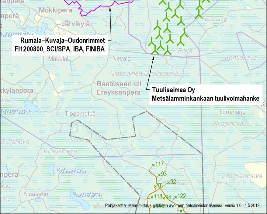 Niistä Rumala- Kuvaja-Oudonrimmet Natura-alueen kannalta merkittävin on Tuulisaimaa Oy:n suunnittelema 17 25 voimalan tuulivoimapuisto Vaalan Metsälamminkankaalle.