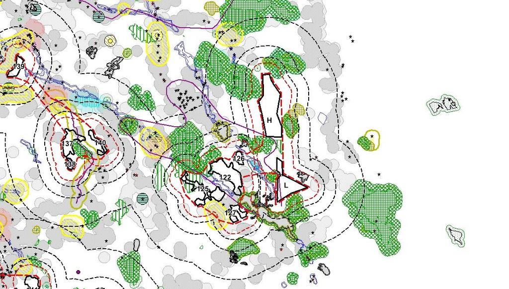 taajamat, keltainen = maisema-alueet, violetit viiva-, alue- ja kohdemerkinnät = maakuntakaavan merkinnät, sininen = pohjavesialueet, vihreä