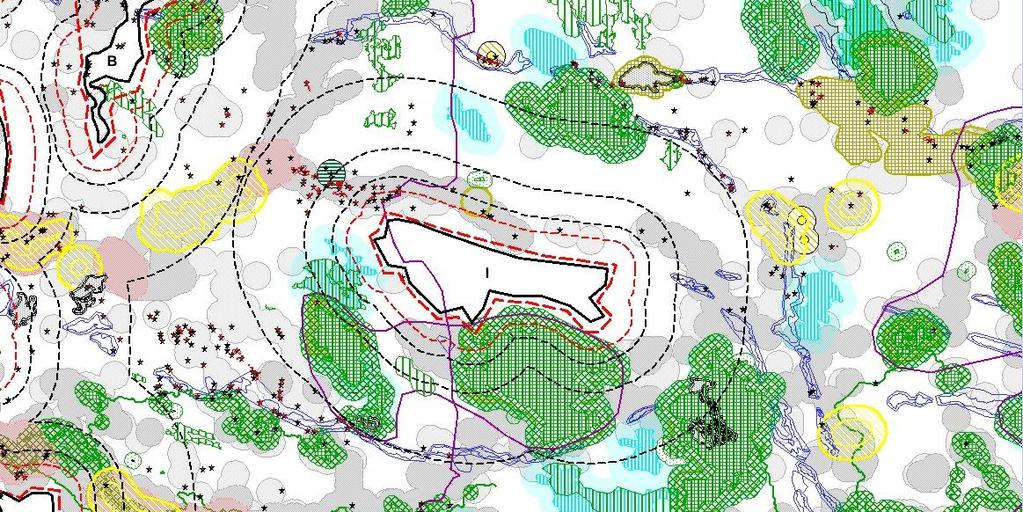 taajamat, keltainen = maisema-alueet, violetit viiva-, alue- ja kohdemerkinnät = maakuntakaavan merkinnät, sininen = pohjavesialueet, vihreä
