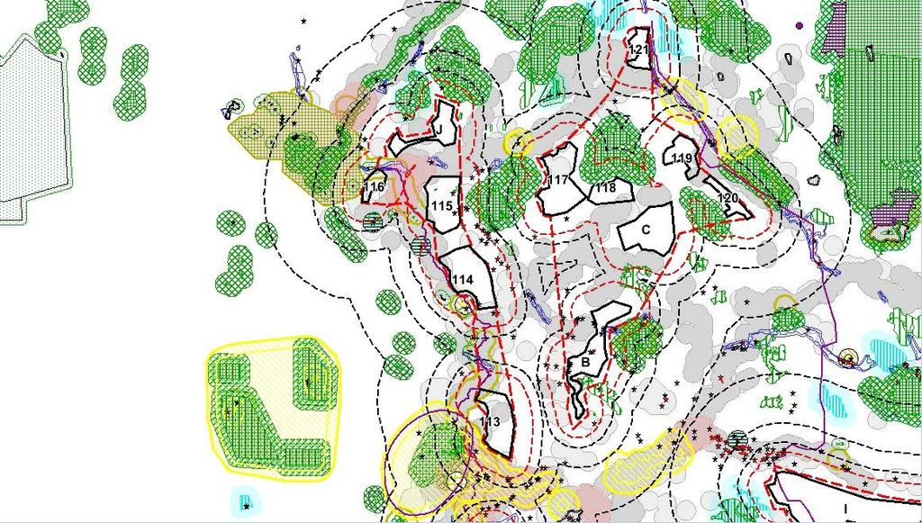 taajamat, keltainen = maisema-alueet, violetit viiva-, alue- ja kohdemerkinnät = maakuntakaavan merkinnät, sininen = pohjavesialueet, vihreä