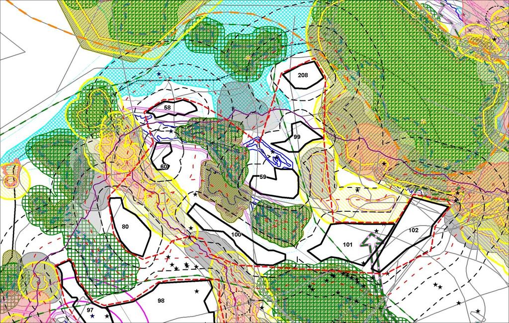 taajamat, keltainen = maisema-alueet, violetit viiva-, alue- ja kohdemerkinnät = maakuntakaavan merkinnät, sininen = pohjavesialueet, vihreä