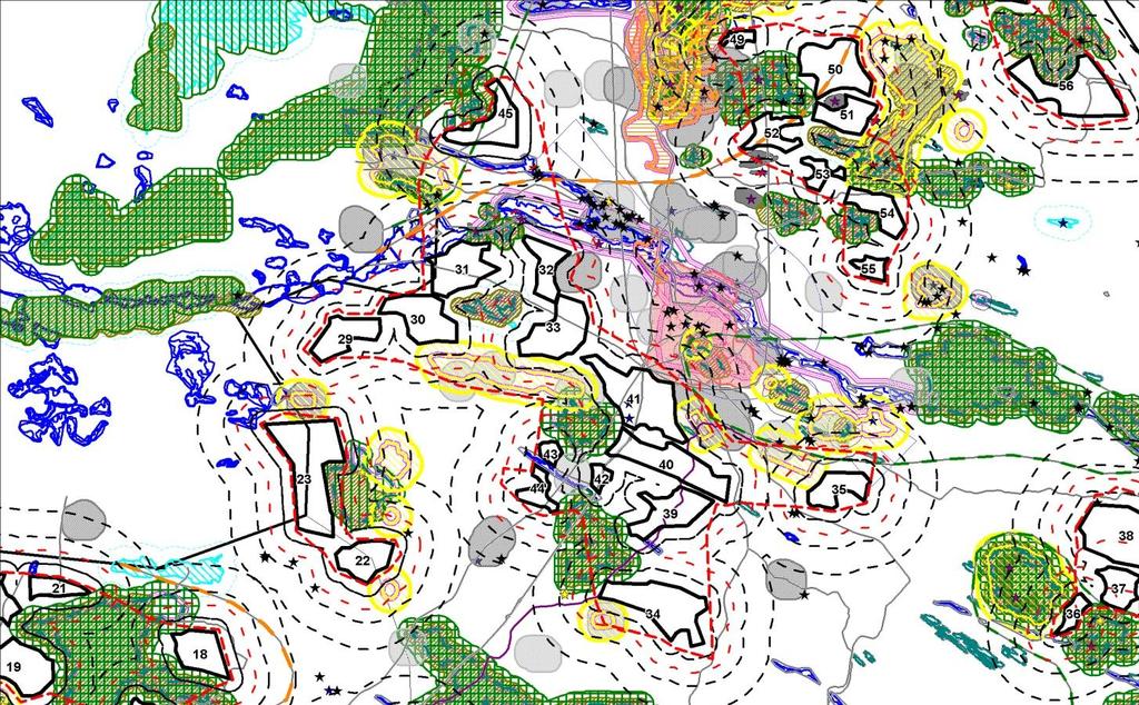 taajamat, keltainen = maisema-alueet, violetit viiva-, alue- ja kohdemerkinnät = maakuntakaavan merkinnät, sininen = pohjavesialueet, vihreä