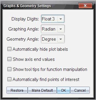 Kuvaajat ja Geometria -asetusten muuttaminen Kuvaajat ja geometria -asetuksilla säädetään tietojen näyttöä avoinna olevissa tehtävissä ja seuraavissa uusissa tehtävissä.