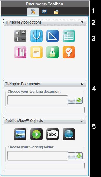 À PublishView -asiakirjassa: Á Napsauta, kun haluat avata TI-Nspire -sovellusten ja PublishView objektien käsittelyssä tarvittavan sovellusvalikon ja työkalut.