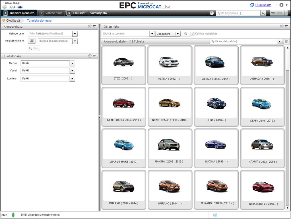 TUNNISTA AJONEUVO Nissan EPC yhteistyössä Microcat Liven kanssa tarjoaa parhaan varaosien myyntijärjestelmän. Pääset parhaiten alkuun katsomalla päänäyttöjä.