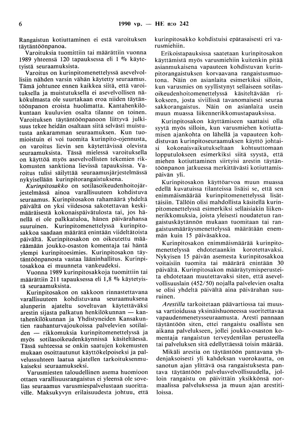 6 1990 vp. - HE n:o 242 Rangaistun kotiuttaminen ei estä varoituksen täytäntöönpanoa. Varoituksia tuomittiin tai määrättiin vuonna 1989 yhteensä 120 tapauksessa eli 1 Olo käytetyistä seuraamuksista.
