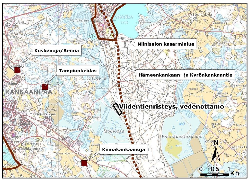 Kuva 8.1 Viidentienristeyksen vedenottamon lähellä sijaitsevat kulttuurikohteet ja muinaisjäännökset. 9. LUONTO- JA YMPÄRISTÖVAIKUTUKSET 9.