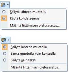 Liittämisasetukset Kun liität kopioidun tai siirretyn tiedon kohteeseen, näkyviin tulee yleensä Liittämisasetukset -painike, josta voit tarvittaessa vaihtaa muotoilun.