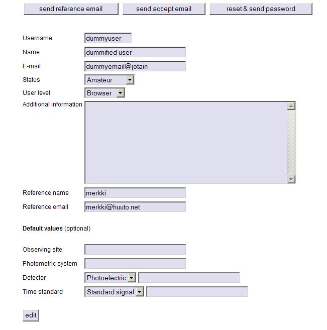 22 Käyttäjäehdokkaan sähköpostiosoite (User email) Käyttäjän suosittelija (User reference) Taulukossa kunkin hakemuksen perässä ovat linkit change ja remove.