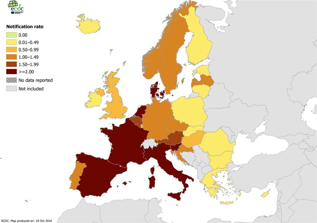 Notifications of Legionnaires disease per 100 000, by reporting country, EU/EEA, 2015, ECDC Eurooppa 14 tapausta / milj.